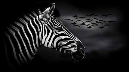 Sticker -   Black & white image of zebra w/birds flying behind on dark bg