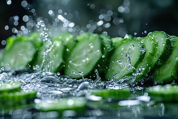 Wall Mural -   Close-up of sliced cucumber with water splashing on top