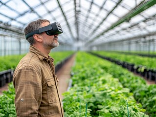 A photograph of a farmer inspecting crops with the help of augmented reality (AR) glasses in a high-tech greenhouse, with rows of vegetables and advanced climate control systems in the background