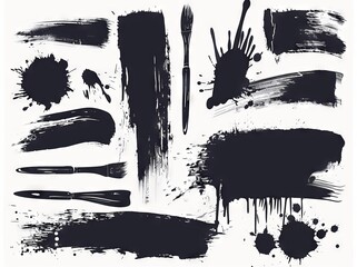 A set of artistic grungy hand-made black paint brush strokes isolated on white background is a group of abstract grunge sketches that can be used as part of design education or for graphic design