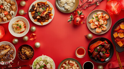 Wall Mural - Top view of delicious chinese food meal on red table background for celebration Chinese New Year