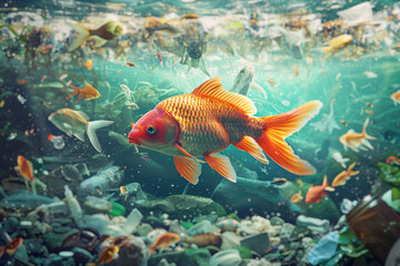 Wall Mural - Underwater scene showing plastic pollution, with trash and debris harming marine life and ecosystems