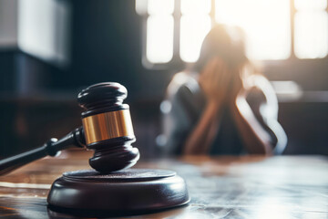 Wall Mural - A sorrowful defendant at a tribunal court, illustrating the emotions and consequences of criminal responsibility