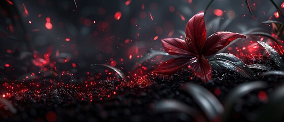 Poster -   Red flower atop black rocks; red & white flowers adjacent to black rocks pile