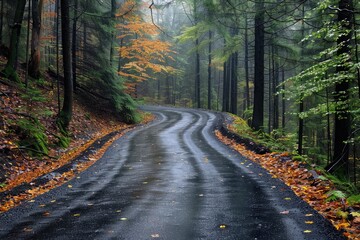 Wall Mural - Winding Road Through a Foggy Autumn Forest