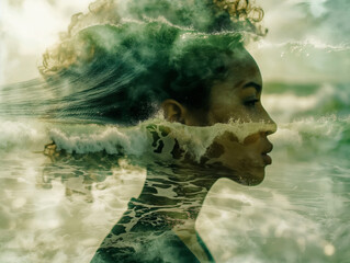 Wall Mural - A woman's face is shown in a blurry, distorted way, with the water surrounding her. The image has a dreamy, ethereal quality to it, as if the woman is floating in a sea of her own thoughts