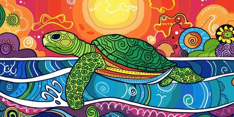 Wall Mural - Abstract colorful turtle swimming in waves.