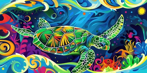 Wall Mural - A colorful, abstract sea turtle in vibrant water.