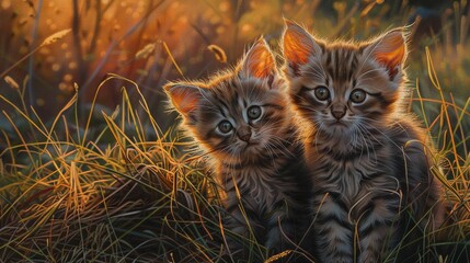 Sticker -   Two kittens in tall grass with sunlight behind