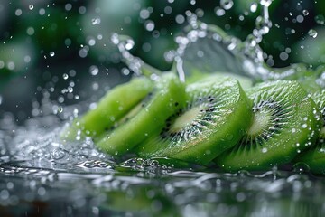 Poster -   A macro shot of a kiwi cut in two with droplets of water splashing on top