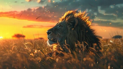 Wall Mural -   A lion lounges amidst tall grass as the sun sets behind it, casting birds flying overhead