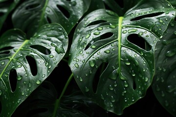 Sticker -   A macro shot of a big green foliage leaf with rainwater droplets on its surface against a dark canvas