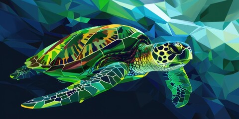 Wall Mural - A colorful, geometric sea turtle swims in the water.