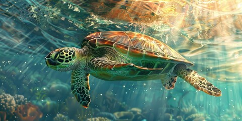 Sticker - Sea turtle swims through turquoise water.