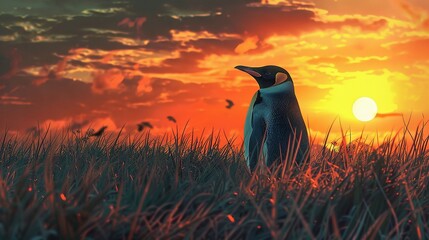 Poster -   A pair of penguins stand together on a field of grass, overlooking the sunset