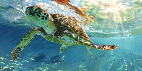 Wall Mural - Sea turtle swims through turquoise water.