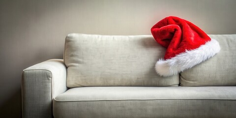 Santa Claus hat resting on a cozy sofa , Christmas, holiday, festive, decoration, red, white, traditional, seasonal, winter