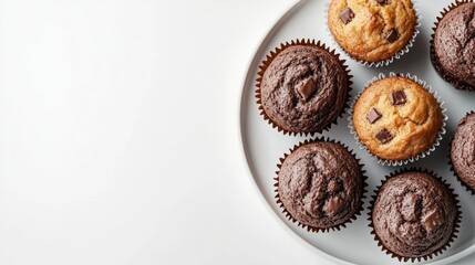 Wall Mural - Muffins viewed from above on a plate. White background. Concept of homemade baking. Muffins arranged singly on a dish.