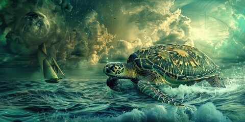 Sticker - A green sea turtle swims beneath a cloudy sky.