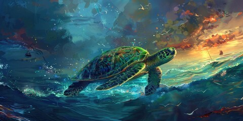 Wall Mural - A sea turtle swims through turquoise ocean waves.