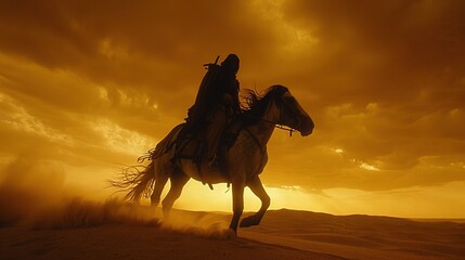 Poster -   A man rides on a white horse through the desert amidst cloudy skies