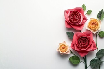 Isolated Roses on Blank White Simple Paper Quilling Theme Generative Illustration