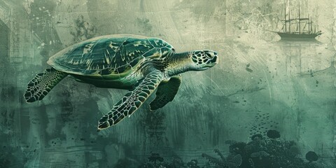 Poster - Green sea turtle swims past a ship silhouette.