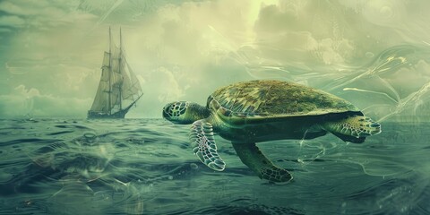 Wall Mural - A sea turtle swims in green, misty water.