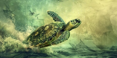 Wall Mural - Sea turtle swims through green water.