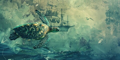 Sticker - Sea turtle swimming beneath old ship on water.