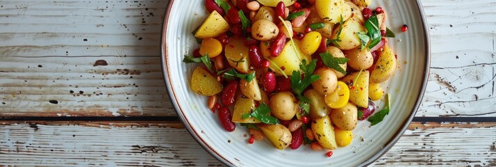 Poster - Belgian Potato and Bean Salad on White Wooden Table with Plate