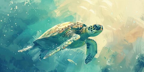 Canvas Print - Sea turtle swims in blue green water.