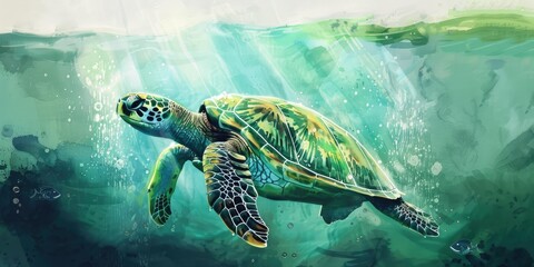 Wall Mural - Sea turtle swimming through turquoise water.