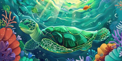 Canvas Print - Sea turtle swimming in coral reef.