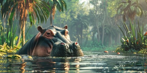 Sticker - Hippopotamus submerged in tropical water.