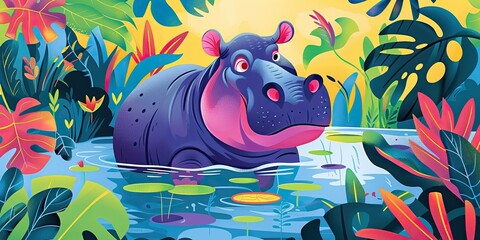 Sticker - Purple hippopotamus swimming in a jungle pond.