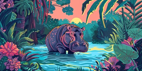 Sticker - Hippopotamus in a jungle river.