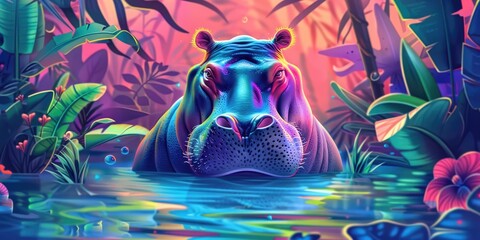 Canvas Print - A colorful hippopotamus in a jungle pond.