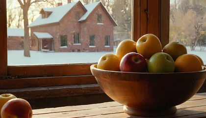 a wooden bowl full of fruits on a wooden table in a old vintage brick house in front of the window and it is snowing outside. winter time cozy home food background. 