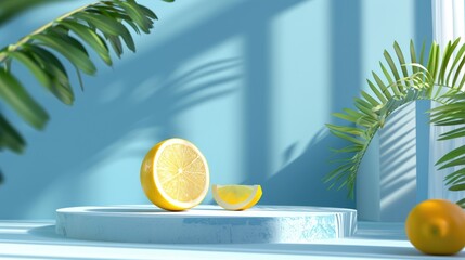 Geometric summer concept with lemon slice on podium and blue background for product ads mockup.