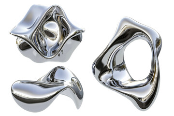 y2k melty chrome shapes isolated on transparent background. 3 spilled liquid metal drops. futuristic
