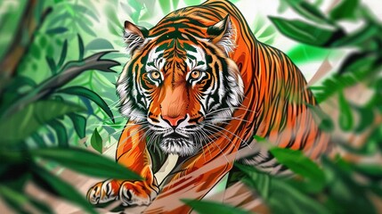   A tiger strolls through a verdant jungle brimming with lush foliage, its maw agape