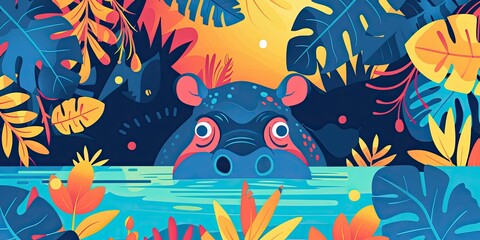 Poster - Colorful hippopotamus peeking from tropical foliage.