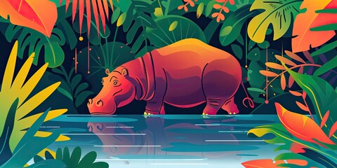 Wall Mural - Hippopotamus walking through colorful jungle.