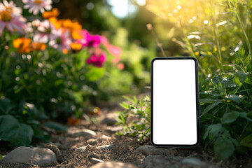 A smartphone with a blank white screen standing upright in a garden with vibrant flowers in the background, suitable for mockup and copy space.