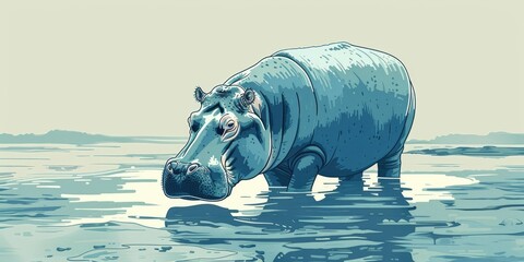 Sticker - Hippopotamus wading in blue water.