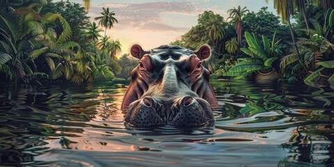 A hippopotamus emerges from a jungle lake.