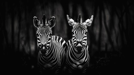 two zebras stand together in a monochrome image of two zebras