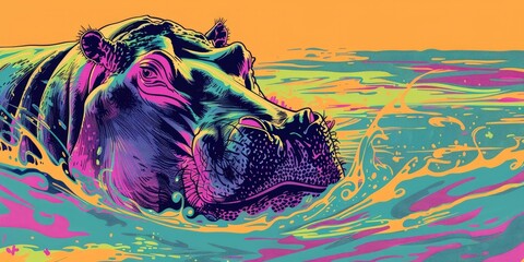 Poster - Psychedelic hippopotamus swimming in water.