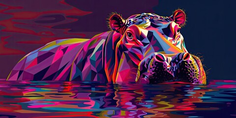 Poster - Colorful abstract hippopotamus in water.